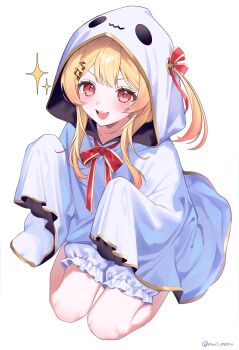 1girl :d absurdres beamed_eighth_notes blonde_hair brown_eyes commentary_request double-parted_bangs eighth_note fortissimo frilled_shorts frills full_body ghost_costume hair_between_eyes hair_ornament hair_ribbon hair_through_hood hairclip highres hololive hololive_dev_is hood hood_up long_hair looking_at_viewer mui_maru musical_note musical_note_hair_ornament one_side_up open_mouth otonose_kanade red_ribbon ribbon sheet_ghost short_shorts shorts sidelocks simple_background smile solo teeth upper_teeth_only virtual_youtuber white_background white_shorts