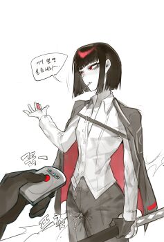 1girl 1other absurdres black_gloves black_hair black_pants bob_cut buttons cigarette collared_shirt commentary_request female_ejaculation female_ejaculation_through_clothes flat_chest gloves hai000_0 highres holding holding_lighter holding_sword holding_weapon jacket jacket_on_shoulders katana korean_commentary korean_text lighter limbus_company long_sleeves open_mouth pants project_moon red_eyes ryoshu_(project_moon) shirt short_hair simple_background single_glove solo_focus sound_effects sword translation_request weapon white_background white_shirt