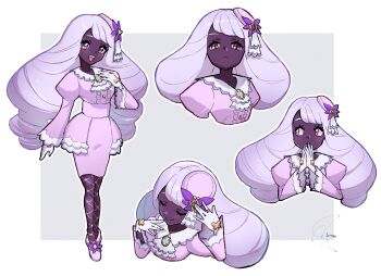 1girl closed_eyes closed_mouth dark-skinned_female dark_skin dress fascinator fishnet_pantyhose fishnets frills frown gloves hair_ornament highres jacinthe_(pokemon) juliet_sleeves long_hair long_sleeves looking_at_viewer low_drills mega_stone meru_merume603 nintendo open_mouth pantyhose pokemon pokemon_legends:_z-a puffy_sleeves purple_dress purple_eyes purple_hair simple_background smile teeth very_dark_skin white_gloves