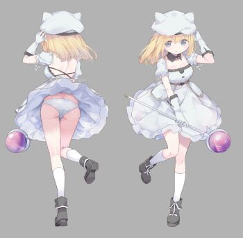 1girl alice_in_cradle backless_dress backless_outfit beret black_boots black_collar blonde_hair boots breasts collar commentary_request detached_collar dress full_body gem gloves grey_background hat hat_with_ears hinayua_r18 knee_up mage_staff medium_breasts medium_hair multiple_views noel_cornehl official_art panties puffy_short_sleeves puffy_sleeves purple_gem reference_sheet short_dress short_sleeves simple_background socks staff standing standing_on_one_leg strapless strapless_dress underbust underwear white_dress white_gloves white_hat white_panties white_socks