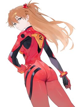1girl :/ absurdres arm_at_side ass blue_eyes bodysuit breasts brown_hair closed_mouth commentary cowboy_shot dutch_angle english_commentary floating_hair from_side hair_between_eyes hairpods hand_on_own_hip highres interface_headset_(evangelion) looking_at_viewer mecha_pilot_suit medium_breasts nbee_ya neon_genesis_evangelion plugsuit_(evangelion) red_bodysuit simple_background skin_tight solo souryuu_asuka_langley standing turning_head white_background