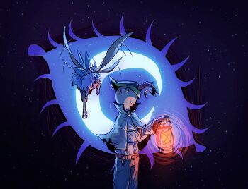 2others belt cape commentary english_commentary fairy green_hat hat hat_feather highres kiwi_(wandersong) lantern long_sleeves multiple_others soothsayerditty standing sweatdrop wandersong wing_flapping