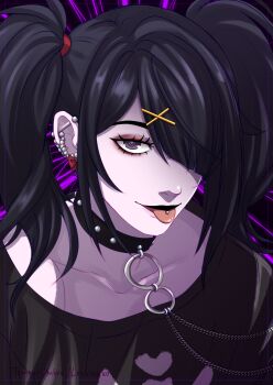 Rule 34 | 1girl, absurdres, ame-chan (emo) (needy girl overdose), ame-chan (needy girl overdose), black eyes, black hair, black shirt, choker, commentary, diagonal bangs, earrings, english commentary, hair ornament, hair over one eye, highres, jewelry, looking at viewer, multiple earrings, needy girl overdose, o-ring, o-ring choker, official alternate costume, official art redraw, pill on tongue, shirt, short twintails, skeleton print, solo, tempusumbra, tongue, tongue out, twintails, upper body, x hair ornament