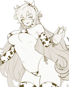 1girl 3gs animal_print bell bikini blush breasts cow_horns cow_print cowbell detached_sleeves elsword green_eyes highres horns large_breasts long_hair micro_bikini navel one_eye_closed pointy_ears rena_erindel side-tie_bikini_bottom solo swimsuit thighhighs very_long_hair