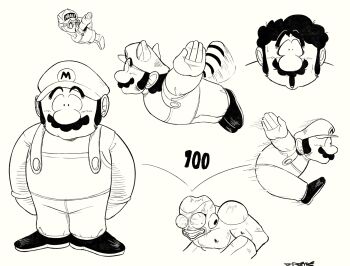 1girl 2boys alien animal_ears bloodshot_eyes bouncing bulging_eyes commentary dirty dr._slump dragon_ball english_commentary facial_hair final_form_frieza flying frieza hat highres injury jumping mario mario_(series) monochrome multiple_boys multiple_views mustache nintendo norimaki_arale open_mouth outstretched_arms overalls pain raccoon_ears raccoon_mario raccoon_tail score shirt shoes sideburns signature simple_background super_mario_bros._3 sweat tail toriyama_akira_(style) veins xtremexavier