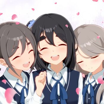 3girls amamiya_satsuki_(mono) azumawari_(azumofu) black_hair blue_ribbon blue_sweater_vest blush closed_eyes collared_shirt commentary_request facing_viewer falling_petals grey_hair hair_ornament hair_scrunchie highres kiriyama_an mono_(afro) multiple_girls neck_ribbon one_side_up open_mouth petals ribbon school_uniform scrunchie shikishima_sakurako shirt smile sweater_vest teeth thick_eyebrows upper_body upper_teeth_only white_shirt