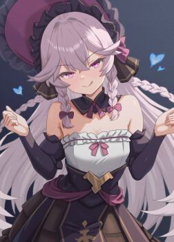 1girl :q bare_shoulders bonnet brown_skirt closed_mouth detached_collar detached_sleeves epic_seven frilled_shirt frills hair_flaps hands_up highres juliet_sleeves konjou long_hair long_sleeves looking_at_viewer pink_eyes puffy_sleeves quad_braids shirt sinful_angelica_(epic_seven) skirt smile solo strapless strapless_shirt tongue tongue_out upper_body v-shaped_eyebrows very_long_hair white_hair white_shirt