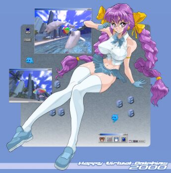 1girl 2000 2000s_(style) 3d_background absurdres adjusting_eyewear album_cover album_name artist_self-insert ball beach beachball blue_background blue_bow blue_bowtie blue_gloves blue_shoes blue_skirt bow bowtie bryce_(medium) building cabinet commentary cover covered_erect_nipples crop_top dolphin english_commentary english_text faux_retro_artstyle file_cabinet floppy_disk glasses gloves grin hair_bow highres icon_(computing) long_hair looking_at_viewer microskirt microsoft_windows mixed_media multiple_hair_bows navel original palm_tree pink_eyes purple_hair retro_artstyle round_eyewear shirt shoes skirt sky skyline skyscraper sleeveless smile solo system_st91 thighhighs tree twintails very_long_hair white_shirt white_thighhighs window_(computing) windows_classic yellow_bow