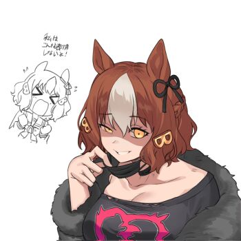 &gt;_&lt; 1girl animal_ears belno_light_(umamusume) black_mask black_shirt braid breasts brown_hair cleavage clenched_hands collarbone doodle_inset flying_sweatdrops fukuro_(maruaru00) fur_trim gesugao grin hair_between_eyes hair_ornament half_up_braid highres horse_ears horse_girl letter_hair_ornament long_sleeves mask mask_pull mouth_mask off_shoulder official_alternate_costume school_uniform shaded_face shirt short_hair sideways_glance smile tracen_school_uniform umamusume umamusume:_cinderella_gray uneven_eyes wavy_hair white_hair winter_uniform yellow_eyes