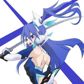 Rule 34 | 1girl, bare back, blue background, blue eyes, blue hair, bodysuit, breasts, commentary request, floating hair, gloves, hair ornament, highres, holding, holding sword, holding weapon, katana, kazanari tsubasa, long hair, one side up, open mouth, senki zesshou symphogear, shouting, simple background, small breasts, solo, sword, two-tone background, upper body, user ruwa7424, very long hair, weapon, white background, white gloves