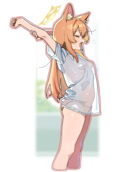 1girl absurdres animal_ear_fluff animal_ears arms_up bare_legs blue_archive cat_ears closed_eyes commentary_request halo highres korean_commentary long_hair mari_(blue_archive) no_bra no_pants open_mouth orange_hair panties rehu_(astd5787) see-through_clothes see-through_shirt shirt simple_background solo standing stretching t-shirt underwear white_background white_shirt yawning yellow_halo