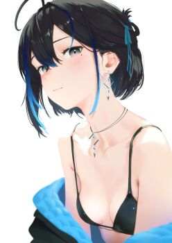 1girl absurdres ahoge alternate_costume bikini black_bikini black_eyes black_hair black_jacket blue_hair blue_jacket blush breasts closed_mouth cohi27151463 commentary diamond_earrings diamond_necklace double-parted_bangs earrings hair_between_eyes highres indie_virtual_youtuber jacket jewelry looking_at_viewer mole mole_under_eye multicolored_hair multicolored_jacket necklace padded_jacket short_hair simple_background small_breasts solo streaked_hair swimsuit two-sided_fabric two-sided_jacket two-tone_hair two-tone_jacket upper_body virtual_youtuber white_background yubari_rei