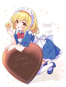 Rule 34 | 1girl, :d, absurdres, apron, back bow, blonde hair, blue dress, blue shoes, blush, bow, bowtie, candy, chocolate, chocolate heart, commentary request, cookie, dress, food, frilled dress, frills, full body, heart, highres, holding, holding cookie, holding food, lotus land story, maid, maid apron, maid day, maid headdress, mary janes, mugetsu (touhou), open mouth, puffy short sleeves, puffy sleeves, red bow, red bowtie, shoes, short sleeves, simple background, smile, solo, thighhighs, touhou, touhou (pc-98), white apron, white background, white bow, white thighhighs, yellow eyes, yurufuwa milk