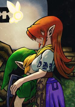 1boy 1girl age_difference batchgooya belt between_breasts blonde_hair breasts brown_belt closed_mouth cremia face_between_breasts face_to_breasts fairy green_hat green_tunic hat head_between_breasts highres hug link long_hair long_skirt neckerchief nintendo onee-shota pointy_ears red_hair shield shield_on_back shirt shirt_tucked_in short_hair short_sleeves skirt smile tatl the_legend_of_zelda the_legend_of_zelda:_majora&#039;s_mask tunic white_shirt yellow_neckerchief young_link