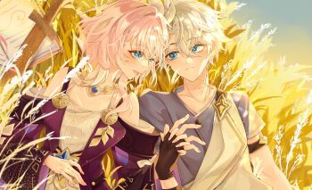 1boy 1girl bare_shoulders black_gloves blue_eyes blue_shirt book breasts coat commentary cyrene_(aedes_elysiae)_(honkai:_star_rail) cyrene_(honkai:_star_rail) dress fingerless_gloves gloves hair_ornament highres honkai:_star_rail honkai_(series) interlocked_fingers jewelry multicolored_hair necklace open_book outdoors phainon_(a_dream_scented_in_wheat)_(honkai:_star_rail) phainon_(honkai:_star_rail) pink_hair purple_coat shirt short_hair small_breasts sugarcoffeemilk sword two-tone_hair weapon wheat wheat_field white_dress white_hair wooden_sword