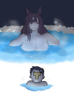 1boy 1girl absurdres akitsu_teio_(umamusume) animal_ears bathing black_hair blush breasts brown_hair cleavage convenient_censoring facial_hair highres horse_ears horse_girl huge_breasts japvs long_hair mixed-sex_bathing multicolored_hair nude onsen partially_submerged shared_bathing short_hair size_difference sketch smirk steam stubble t-head_trainer_(umamusume) trainer_(umamusume) two-tone_hair umamusume umamusume:_cinderella_gray water water_censor white_hair you_gonna_get_raped