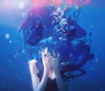 1girl black_dress blue_hair breasts bubble cleavage closed_eyes dress hatsune_miku highres konya_karasue long_hair nail_polish shinkai_shoujo_(vocaloid) solo twintails underwater vocaloid water