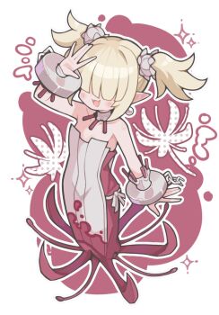 1boy :3 :d apron arm_up bare_shoulders blonde_hair blunt_bangs blush collarbone commentary disgaea fang full_body hair_over_eyes highres male_focus male_healer_(disgaea) open_mouth outline red_background red_shirt shirt short_hair sidelocks skin_fang smile solo strapless strapless_shirt suaman twintails white_apron white_outline