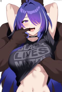 1girl absurdres acheron_(honkai:_star_rail) antenna_hair arms_up blacked_female breasts choker clothes_lift clothes_writing commentary dark-skinned_male dark_skin diamond-shaped_pupils diamond_(shape) drooling english_commentary eyeliner finger_in_another's_mouth grabbing_another's_breast groping hair_over_one_eye highres honkai:_star_rail honkai_(series) large_breasts long_hair lorddantesito makeup multicolored_eyes muscular muscular_male navel open_clothes purple_eyes purple_hair race_fetishism red_eyeliner shirt symbol-shaped_pupils t-shirt teeth tongue two-tone_eyes upper_teeth_only very_dark_skin very_long_hair white_straps