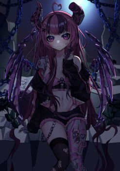 1girl absurdres ahoge black_jacket black_shorts black_thighhighs blush bra breasts broken_horn closed_mouth demon_girl demon_horns demon_wings heart heart_ahoge highres horns ironmouse ironmouse_outfit_art_contest jacket large_breasts long_hair looking_at_viewer mole mole_under_eye nail_polish navel pink_bra pink_hair pink_nails purple_eyes purple_hair sakuta1221pc shorts solo thighhighs torn_clothes torn_thighhighs underwear very_long_hair virtual_youtuber vshojo wings