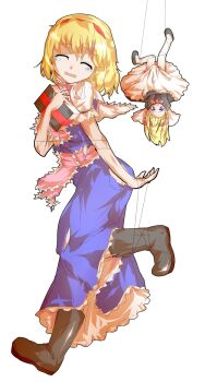 1girl alice_margatroid alphes_(style) blonde_hair blue_dress book boots bow brown_boots capelet commentary_request covering_ass covering_privates dairi defeat dress entangled full_body grimoire grimoire_of_alice hair_bow hairband hanging holding holding_book large_variant_set leg_up medium_hair parody puppet_strings red_hairband sash shanghai_doll solo style_parody tachi-e torn_clothes touhou transparent_background upside-down variant_set