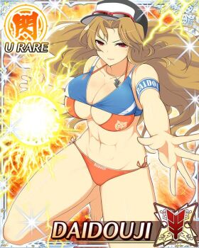 Rule 34 | 1girl, abs, armband, barefoot, baseball cap, bikini, blonde hair, border, breasts, card (medium), character name, cleavage, daidouji (senran kagura), electricity, eyewear on head, game cg, hat, jewelry, large breasts, layered bikini, long hair, mole, mole under eye, muscular, muscular female, navel, necklace, official art, orange bikini, outstretched arm, parted bangs, red armband, red eyes, senran kagura, senran kagura new wave, side-tie bikini bottom, solo, standing, standing on one leg, sunglasses, swimsuit, wavy mouth