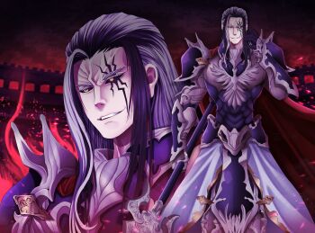 1boy absurdres arena armor audience black_hair black_sclera boots cape colored_sclera colosseum crowd divine_being divine_entity facial_mark gloves highres holding holding_polearm holding_weapon long_hair looking_at_viewer male_focus muscular muscular_male odin_(shuumatsu_no_valkyrie) outdoors polearm shuumatsu_no_valkyrie sky smile solo spear spoilers stadium standing weapon yellow_eyes zssjblue