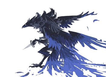 Rule 34 | absurdres, beak, black feathers, black wings, blue feathers, blue wings, commentary, dagger, english commentary, feathers, from side, highres, holding, holding knife, knife, looking ahead, monster, monster focus, multiple wings, shiiorina, simple background, slay the princess, solo, talons, the hero (slay the princess), two-tone wings, weapon, white background, white eyes, wings