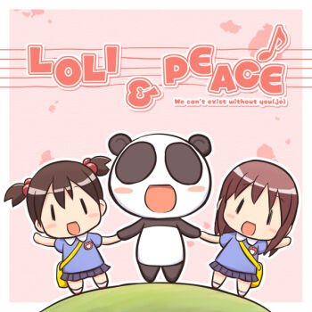 2girls artist_self-insert bad_id bad_pixiv_id blush blush_stickers brown_hair chibi english_text fictional_persona full_body holding_hands kindergarten kindergarten_uniform long_hair looking_at_viewer mika-shi miniskirt multiple_girls musical_note open_mouth original panda school_uniform skirt smile twintails waving |_| ||_||