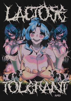 1girl absurdres animal_ears black_bra blue_eyes blue_hair blush bra breasts cleavage commentary cow_ears cow_girl cow_horns cup drinking_glass highres horns huge_breasts indie_virtual_youtuber jewelry long_hair looking_at_viewer miilkywayz milk mole mole_on_breast mole_under_mouth multiple_views necklace open_mouth smile st41nn symbol-only_commentary underwear virtual_youtuber yellow_bra