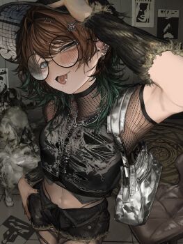 1girl absurdres aegyo_sal bag black_arm_warmers black_hat black_shirt black_shorts blush brown_hair commentary_request crop_top gaku grey_eyes hair_ornament hairclip hat highres jewelry necklace open_mouth original parallel_hairclips piercing round_eyewear shirt short_hair shorts solo wolf-chan_(gaku)