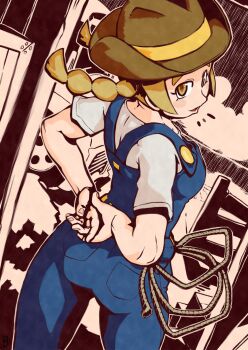 1girl ^^^ arms_behind_back ass bare_arms belt blonde_hair blush breasts brown_hat buttons chawalit_adsawawalanon cloud collarbone cowboy_hat cowboy_shot cowgirl_(western) denim dutch_angle female_focus fence fingernails from_behind hat highres lasso long_hair looking_at_viewer looking_back medium_breasts motor_vehicle nintendo npc_trainer open_mouth outline overalls pocket pokemon pokemon_breeder_(pokemon) pokemon_sm ranch rope shirt short_sleeves sky smile solo standing suspenders tongue truck twintails undershirt wheel white_shirt wooden_fence yellow_eyes