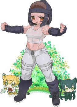 3girls abs alternate_height animal_ears animal_print armpits arms_up bare_shoulders beanie black_hair black_leopard_(kemono_friends) blonde_hair breasts brown_eyes brown_hair camisole cat_girl chibi cleavage elbow_gloves fingerless_gloves fingernails full_body gloves western_lowland_gorilla_(kemono_friends) green_eyes hair_between_eyes hair_through_headwear hat highres kemono_friends kuro_(kurojill) legs_apart leopard_(kemono_friends) leopard_ears leopard_girl leopard_print leopard_tail looking_at_viewer medium_hair midriff mini_person minigirl multicolored_hair multiple_girls muscular muscular_female navel open_mouth outstretched_arms pants see-through_clothes shirt shoes sidelocks size_difference skirt solo_focus spread_arms standing stomach sweat tail tan twintails two-tone_hair wet wet_clothes zipper_pull_tab
