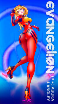 Rule 34 | 1girl, absurdres, adapted costume, alternate breast size (larger), ass, blue background, blue eyes, bodysuit, breasts, brown hair, cameltoe, curvy, full body, gradient background, hand in own hair, heruka (artist), highres, huge ass, impossible bodysuit, impossible clothes, interface headset (evangelion), large breasts, lips, long hair, looking at viewer, looking back, mecha pilot suit, neon genesis evangelion, parted lips, plugsuit (evangelion), red bodysuit, solo, souryuu asuka langley, wide hips