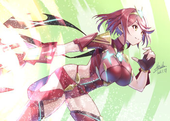 1girl aegis_sword_(xenoblade) black_gloves breasts chest_jewel commentary_request cowboy_shot dated fingerless_gloves gloves highres holding holding_sword holding_weapon large_breasts pyra_(xenoblade) red_eyes red_hair red_shorts short_hair short_shorts shorts signature smile solo strail_cycleman sword tiara weapon xenoblade_chronicles_(series) xenoblade_chronicles_2