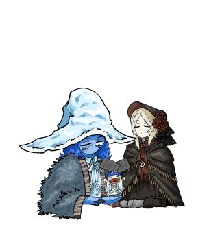 3girls absurdres ascot blonde_hair blue_eyes blue_hair blue_skin bonnet braid chibi chun_grandfa cloak colored_skin cracked_skin doll_joints dress elden_ring elden_ring_nightreign flower flower_wreath fur_cloak gloves hammer hat head_wreath highres joints long_hair multiple_girls one_eye_closed plain_doll ranni_the_witch red_ascot revenant_(elden_ring) simple_background trait_connection veil white_background white_dress white_hair white_hat witch witch_hat