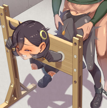 1boy 1girl anal ass ass_focus bent_over black_hair bodysuit bound clenched_teeth clothed_sex commentary_request cross-section dark-skinned_female dark_skin emma_(pokemon) exhibitionism grabbing_another's_ass green_shirt groping highres nintendo nipples pillory pokemon pokemon_legends:_z-a public_indecency public_use rape restrained sex sex_from_behind shirt tearing_up teeth textless_version torn_clothes vaginal watashiki_(watashiki_3)