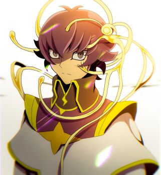 1boy 1other antenna_hair atltax_00 body_markings brown_eyes dappled_sunlight empty_eyes expressionless facing_to_the_side highres humanoid_robot kusanagi_jin light_particles lightning_(yu-gi-oh!_vrains) liquid looking_at_viewer male_focus mechanical_tentacles military_uniform mind_control monsterification parasite possessed purple_hair purple_trim robot shirt solid_circle_eyes solid_eyes extendable_limbs sunlight tentacle_grab tentacles tentacles_on_male tentacles_under_clothes transformation tunic white_background white_shirt white_tunic yellow_trim yu-gi-oh! yu-gi-oh!_vrains