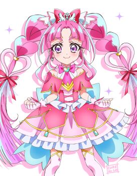 1girl back_bow blue_bow blush bow braid brooch capelet clenched_hands closed_mouth commentary_request cowboy_shot cure_mystic cure_nico dot_nose dress earrings fingerless_gloves frills gloves hair_bow hair_ornament heart heart_brooch heart_hair_ornament highres jewelry kobayashi_mikuru large_bow layered_dress legs_apart long_hair looking_at_viewer magical_girl meitantei_precure! parted_bangs pink_bow pink_capelet pink_dress pink_gloves pink_hair pink_theme pink_thighhighs precure purple_eyes red_bow shadow sidelocks signature simple_background smile solo standing thick_eyebrows thighhighs twin_braids white_background