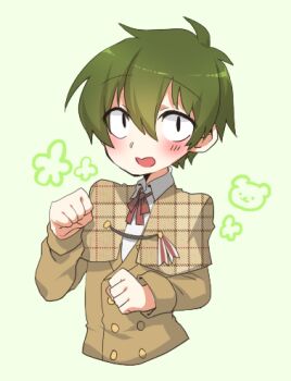 Rule 34 | 1boy, bear, blush, brown capelet, brown jacket, buttons, capelet, clenched hands, collared shirt, commentary request, cropped torso, flower, green background, green hair, grid print, hands up, jacket, komugiko (bitte komu), looking at viewer, lowres, male focus, neck ribbon, open mouth, original, red ribbon, ribbon, shirt, short hair, solo, upper body, white shirt