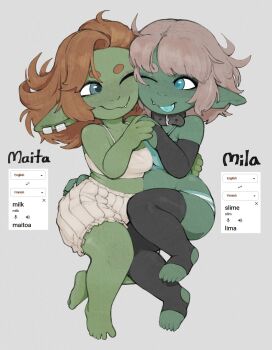 2girls aqua_tongue arm_around_waist balcony barefoot black_bridal_gauntlets black_collar bloomers blue_eyes breasts bridal_gauntlets character_name collar colored_skin commentary earrings english_commentary fang female_goblin freckles frojiros goblin green_skin grey_bloomers hair_ornament hairclip hand_grab highres jewelry medium_breasts medium_hair multiple_earrings multiple_girls one_eye_closed original panties pointy_ears short_eyebrows shortstack small_breasts smile stirrup_legwear striped_clothes striped_panties thick_eyebrows toeless_legwear tongue tongue_out underwear v-shaped_eyebrows