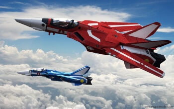 1boy 1girl 3d 3d-brainx absurdres canopy choujikuu_yousai_macross cloud cockpit commentary control_stick couple day flying gloves good_end helmet highres jenius_maximilian jenius_milia macross mecha pilot pilot_suit realistic robot roundel science_fiction u.n._spacy variable_fighter vehicle_focus vf-1 vf-1j watermark web_address