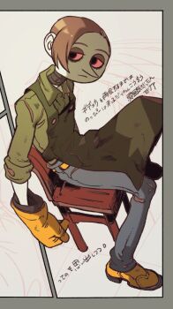 Rule 34 | 1boy, apron, bakushi (smys2017), bandaged neck, bandages, belt, black eyes, blacksmith, blue pants, border, brown hair, buttons, chair, collared shirt, colored sclera, colored skin, commentary request, denim, expressionless, from above, frown, glove cuffs, gloves, gold buttons, green apron, green sleeves, grey border, jeans, legs apart, long nose, looking to the side, lower eyelashes only, lowered eyelids, male focus, on chair, paneled background, pants, parted bangs, pinocchio (vlad grimms), pointy nose, red sclera, rubber gloves, shirt, shoes, sitting, sketch, sleeves rolled up, solo, tape, three-quarter sleeves, translation request, vampire, vlad grimms, white background, white skin, wing collar, wooden chair, yellow belt, yellow gloves, yellow shoes