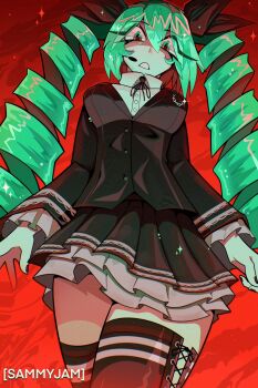 1girl alternate_costume alternate_hairstyle black_jacket black_ribbon black_skirt blazer breasts chain collared_shirt cowboy_shot drill_hair eyelashes fingernails frilled_skirt frills from_below green_eyes green_hair green_nails hair_between_eyes hair_ribbon hatsune_miku hatsune_miku_(dark_angel) highres himitsu_keisatsu_(vocaloid) jacket large_breasts long_eyelashes long_hair long_sleeves looking_at_viewer microphone neck_ribbon open_mouth pleated_skirt project_diva_(series) red_background ribbon sammy_jam shirt skirt solo standing star_(symbol) star_symbol_background thighhighs thighs twin_drills very_long_hair vocaloid white_shirt