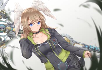1girl blue_pupils breast_tattoo breasts eunie_(xenoblade) green_hoodie head_wings highres hood hoodie jacket kyl490 large_breasts simple_background tattoo white_background wings xenoblade_chronicles_(series) xenoblade_chronicles_3