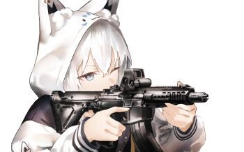 1girl absurdres alternate_costume animal_ear_hood ar-15 assault_rifle blue_eyes double-parted_bangs fake_animal_ears gun highres holding holding_gun holding_weapon hololive hood hoodie kyoko_(zeprii4) looking_through_scope one_eye_closed rifle shirakami_fubuki solo trigger_discipline upper_body virtual_youtuber weapon white_background white_hair white_hoodie