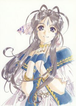 Rule 34 | 1girl, aa megami-sama, absurdres, antenna hair, belldandy, blue dress, blue eyes, bracelet, brown hair, dress, earrings, facial mark, forehead mark, fujishima kousuke, hair ribbon, hands on own chest, highres, jewelry, long hair, looking at viewer, necklace, non-web source, official art, ponytail, ribbon, ring, scan, self-scan, smile, solo, white background