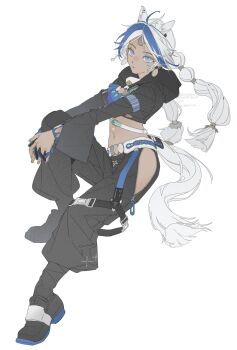 1girl a_syn_c animal_ears arclight_(arknights) arknights arknights:_endfield belt black_pants blue_eyes blue_hair braid breasts closed_mouth clothing_cutout copyright_name dark-skinned_female dark_skin earrings extra_ears full_body gloves highres hip_vent hugging_own_leg jewelry long_hair long_sleeves low_twin_braids medium_breasts midriff multicolored_hair navel own_hands_together pants side_braids simple_background single_glove solo sparkle twin_braids twitter_username white_hair zipper