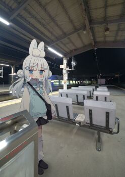 1girl :< animal_ear_fluff animal_ears aqua_bow aqua_bowtie aqua_vest bag black_bag black_shoes black_skirt blue_eyes blush bow bowtie chair closed_mouth double_bun hair_bun hair_ornament highres leg_warmers light_frown loafers long_hair long_sleeves looking_at_viewer nakkar night original outdoors photo_background plaid_bow plaid_bowtie plaid_clothes rabbit_ears shirt shoes shoulder_bag skirt solo train train_station trash_can twintails twitter_username vest white_hair white_leg_warmers white_shirt
