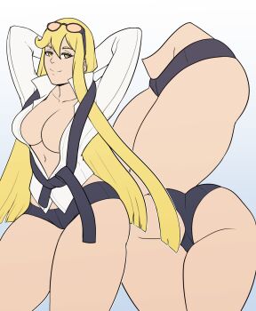 1girl absurdres artistic_madman ass ass_focus blonde_hair breasts curvy digimon digimon_story:_cyber_sleuth highres huge_ass kuremi_kyouko large_breasts long_hair looking_at_viewer micro_shorts multiple_views shorts wide_hips
